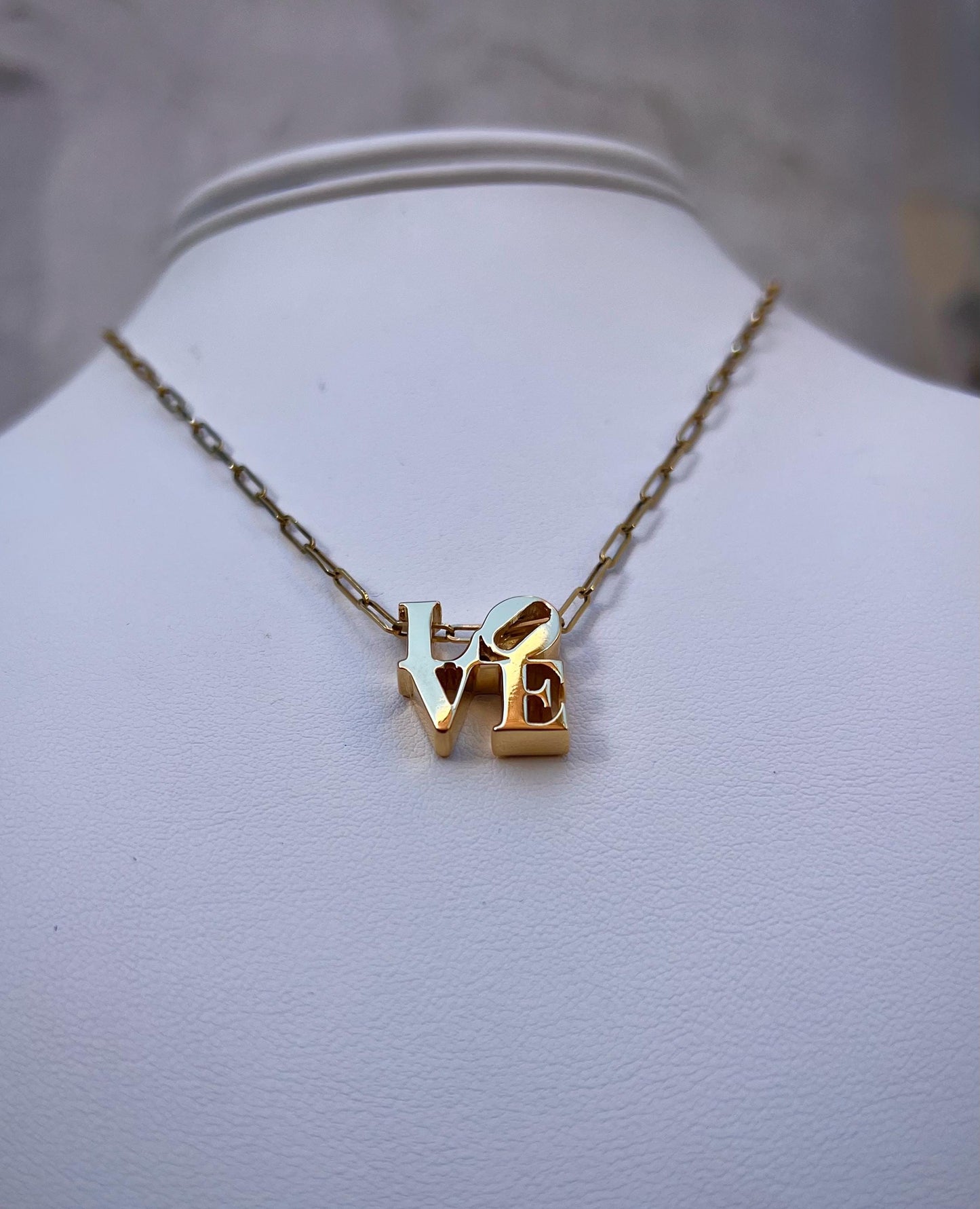 14K Gold LOVE Necklace on Gold Paperclip Chain