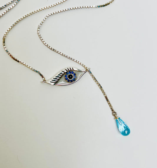 Crying Eye Necklace Custom Eye with Genuine Gemstones Lariat