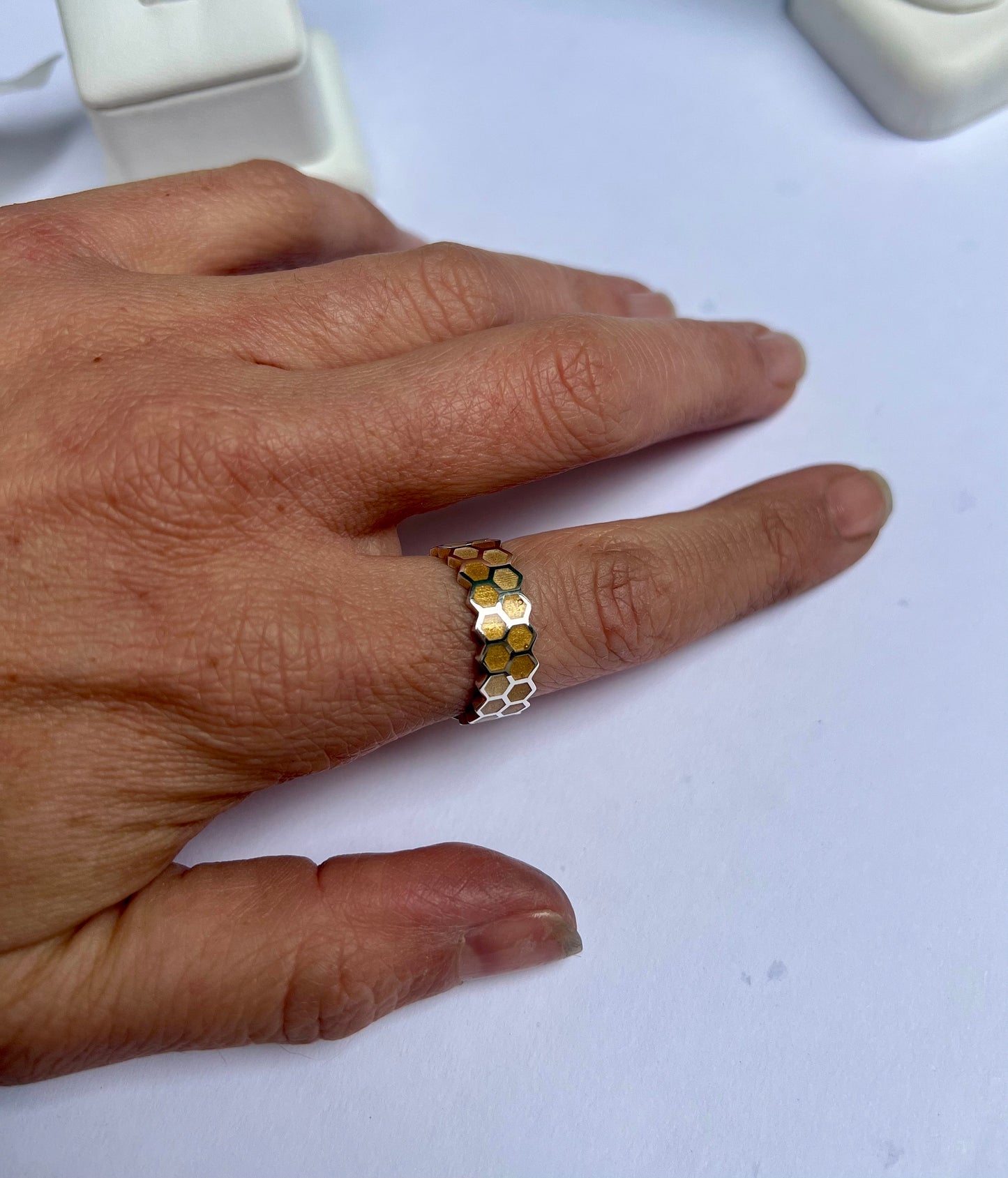 Honeycomb Ring, Sterling Silver with 14K Gold Inlay