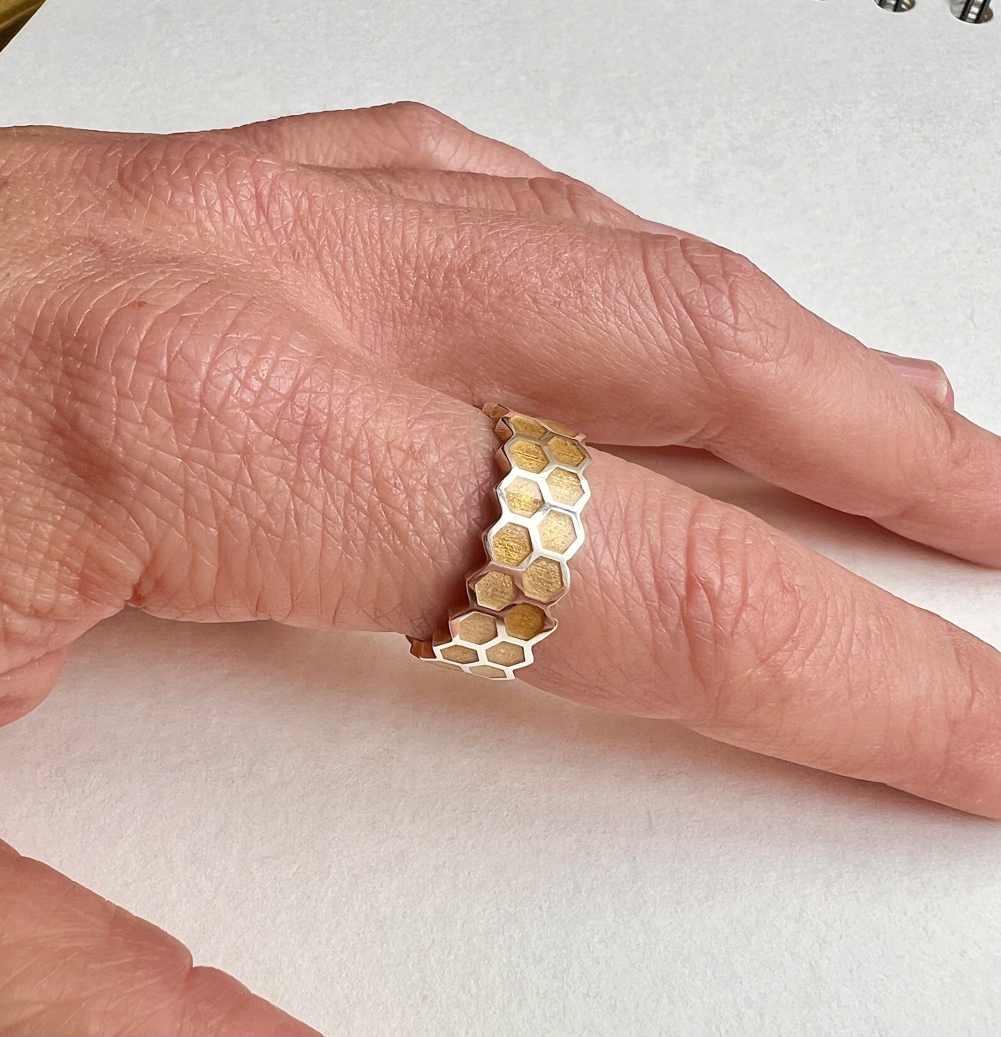 Honeycomb Ring, Sterling Silver with 14K Gold Inlay