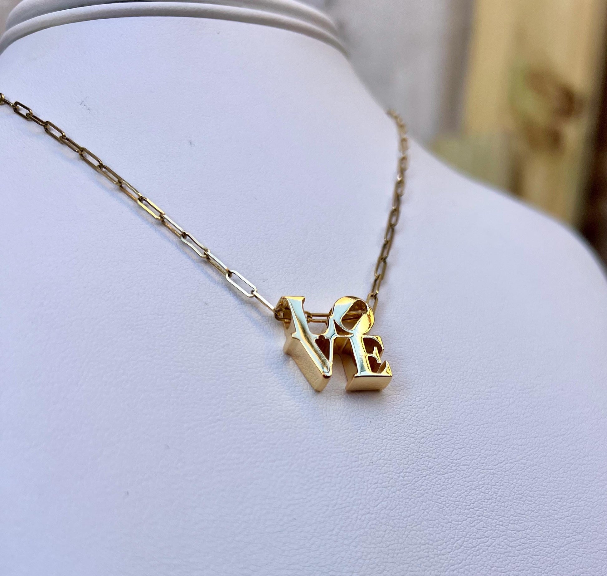 14K Gold LOVE Necklace on Gold Paperclip Chain