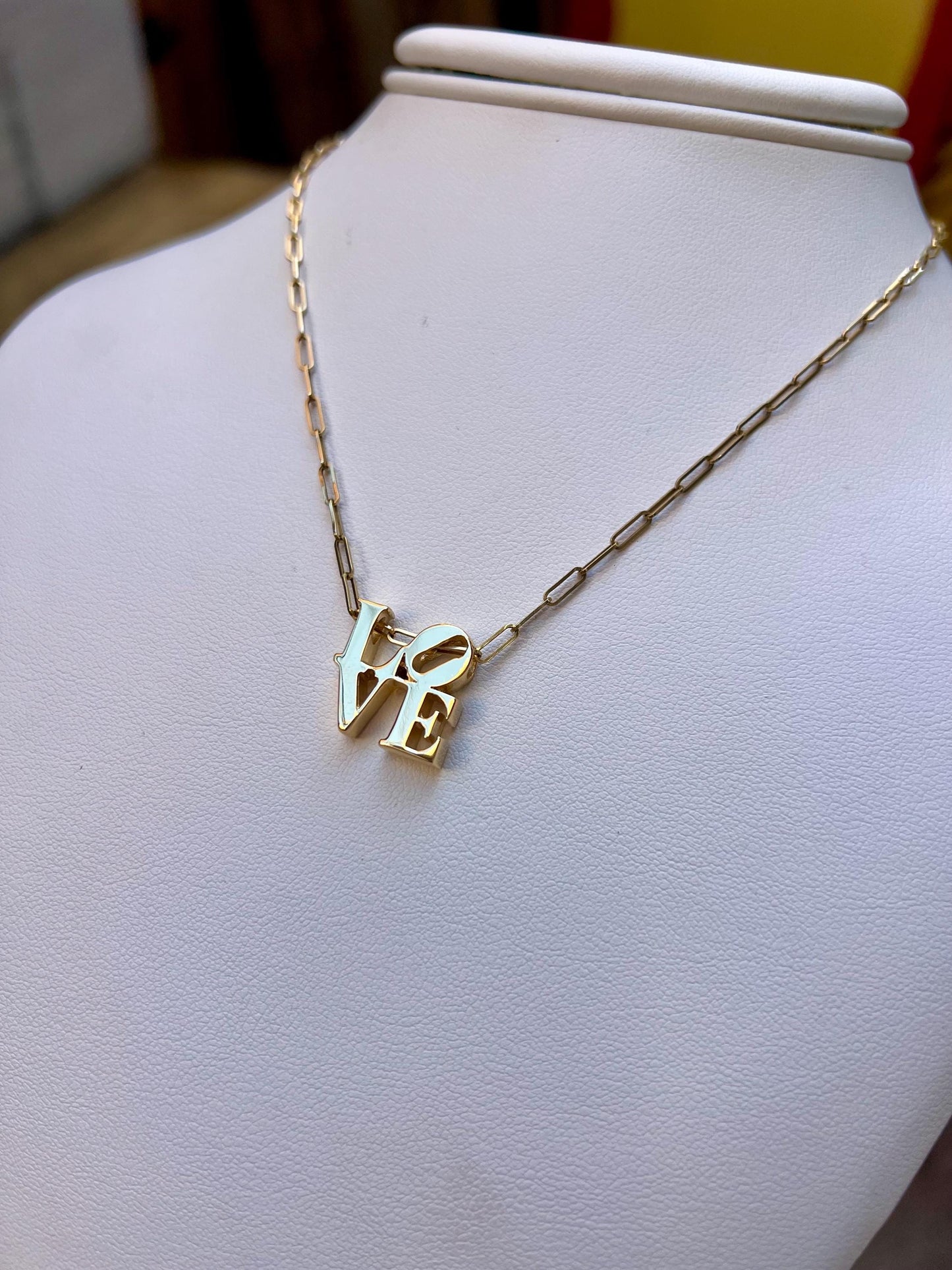 14K Gold LOVE Necklace on Gold Paperclip Chain