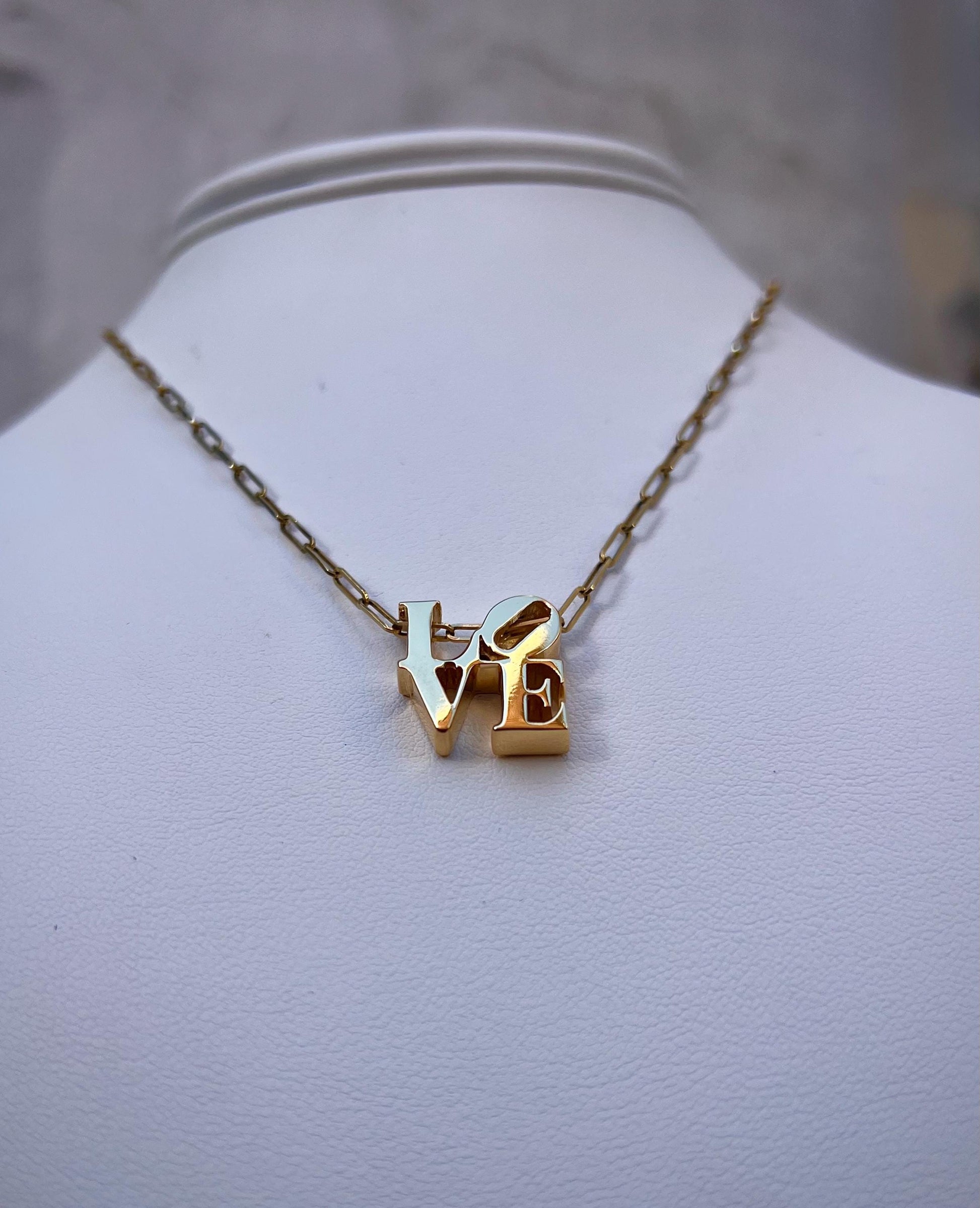 14K Gold LOVE Necklace on Gold Paperclip Chain