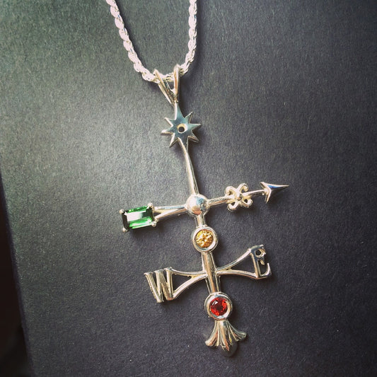 Lightening Rod/Weathervane Antique Inspired Sterling Silver Pendant with Genuine Tourmaline, Garnet, and Topaz