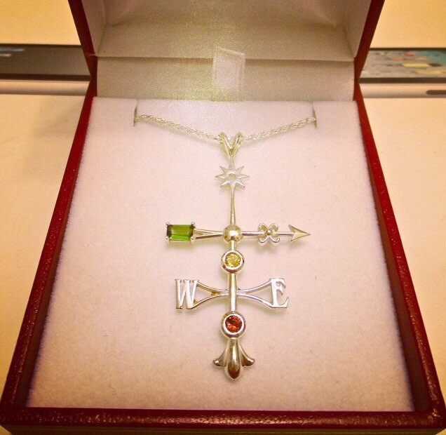 Lightening Rod/Weathervane Antique Inspired Sterling Silver Pendant with Genuine Tourmaline, Garnet, and Topaz