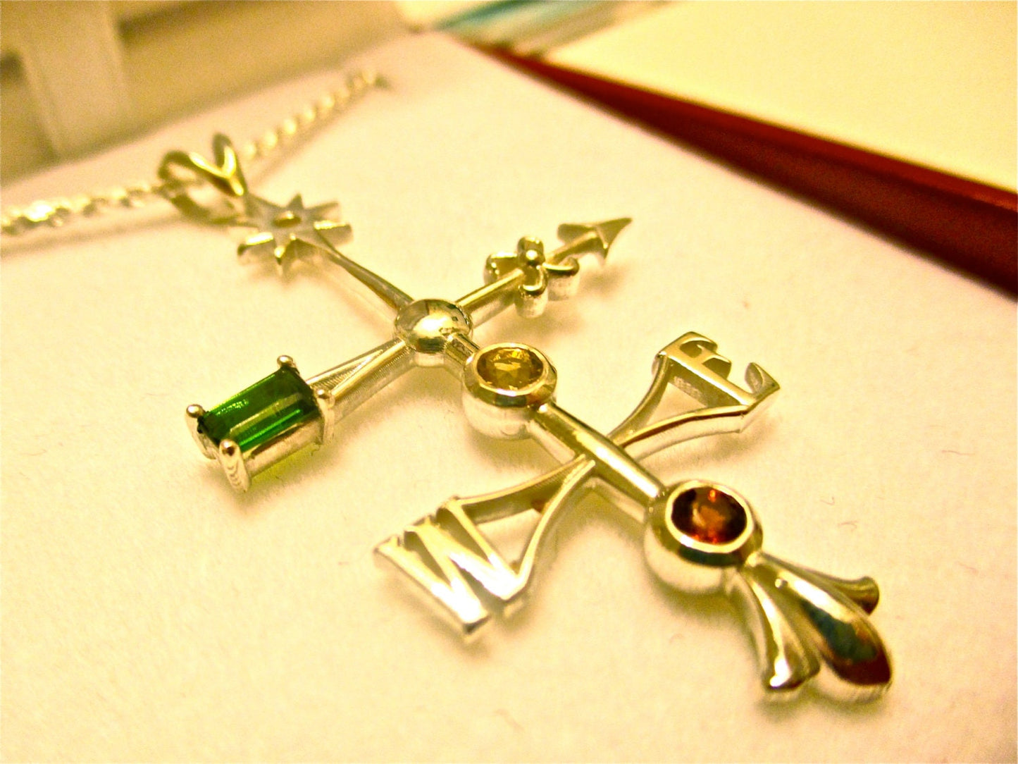 Lightening Rod/Weathervane Antique Inspired Sterling Silver Pendant with Genuine Tourmaline, Garnet, and Topaz