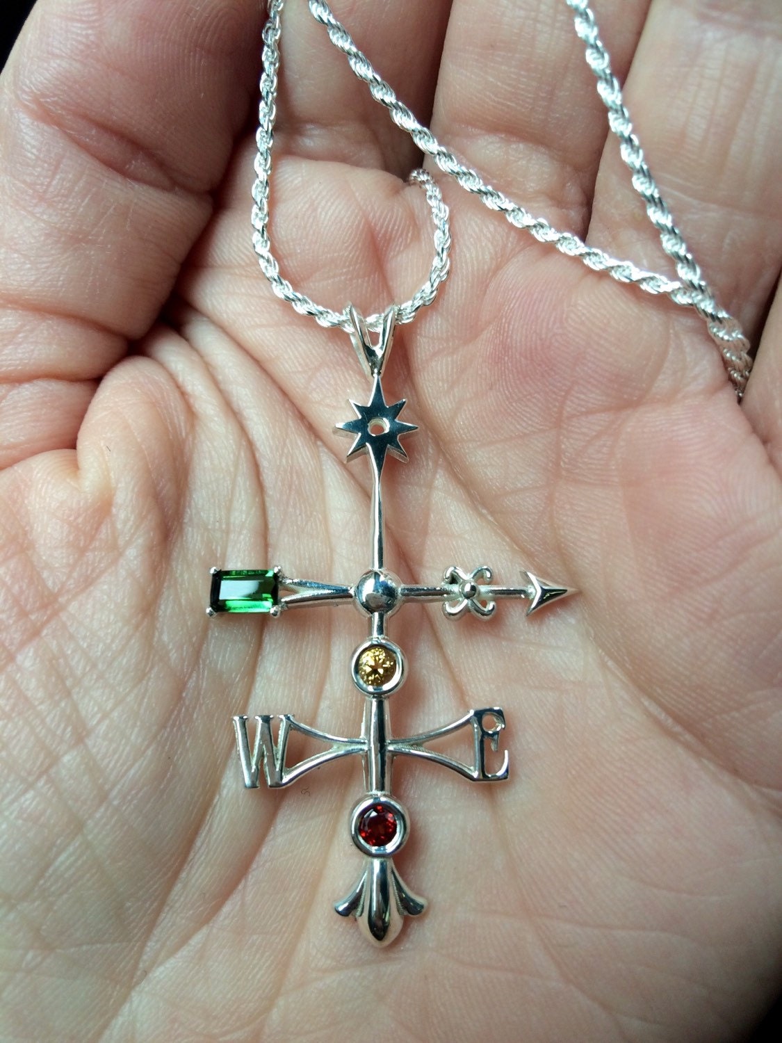 Lightening Rod/Weathervane Antique Inspired Sterling Silver Pendant with Genuine Tourmaline, Garnet, and Topaz