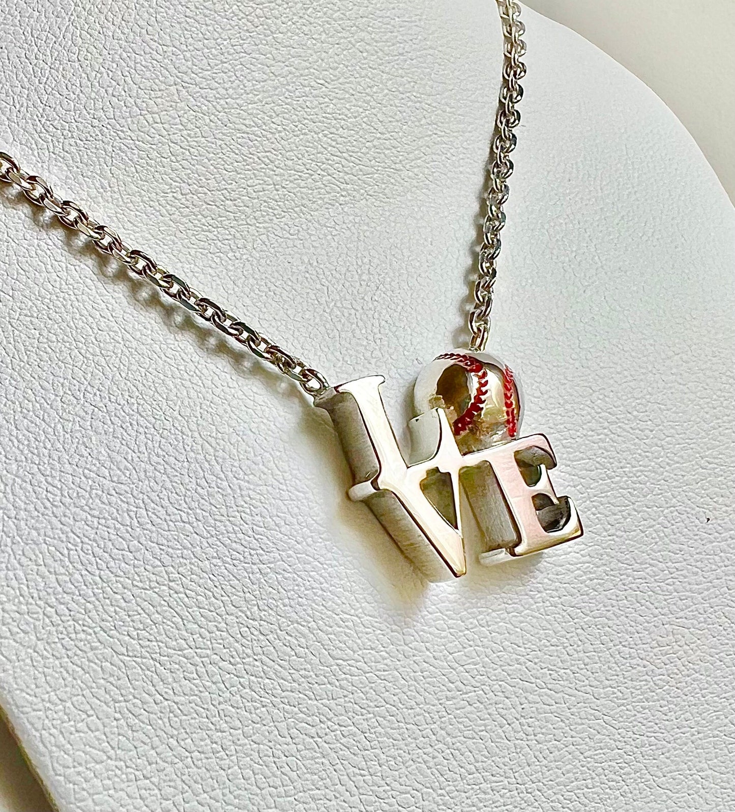 Sterling Silver Baseball 'LOVE' Necklace, Handmade 18" Chain