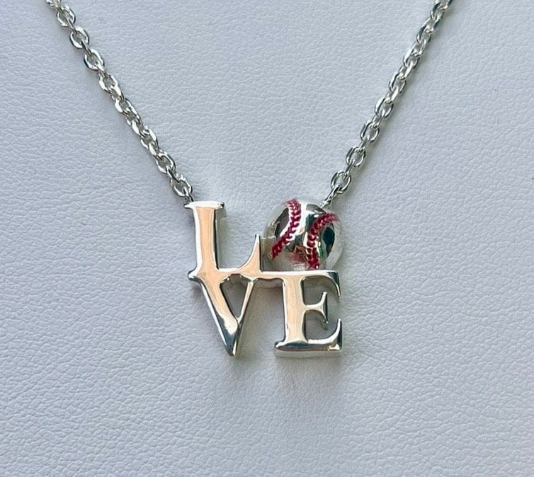 Sterling Silver Baseball 'LOVE' Necklace, Handmade 18" Chain