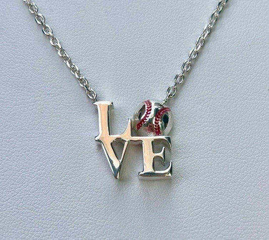 Sterling Silver Baseball 'LOVE' Necklace, Handmade 18" Chain