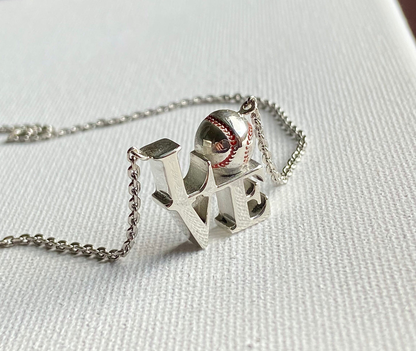 Sterling Silver Baseball 'LOVE' Necklace, Handmade 18" Chain