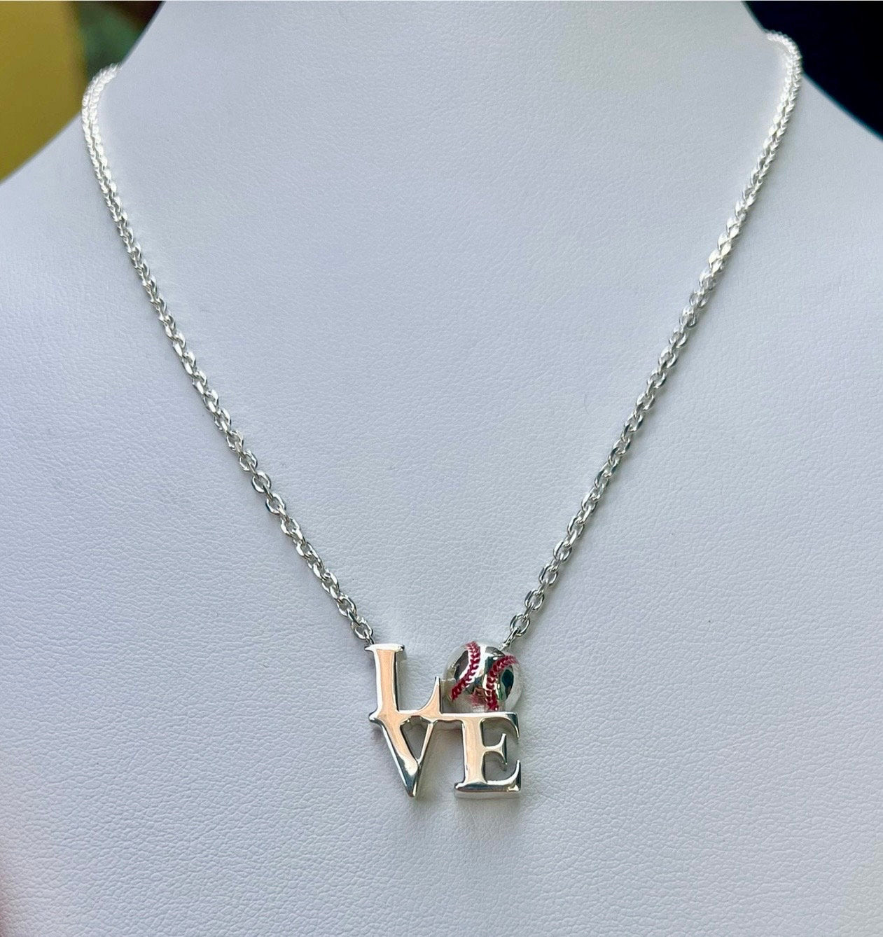 Sterling Silver Baseball 'LOVE' Necklace, Handmade 18" Chain