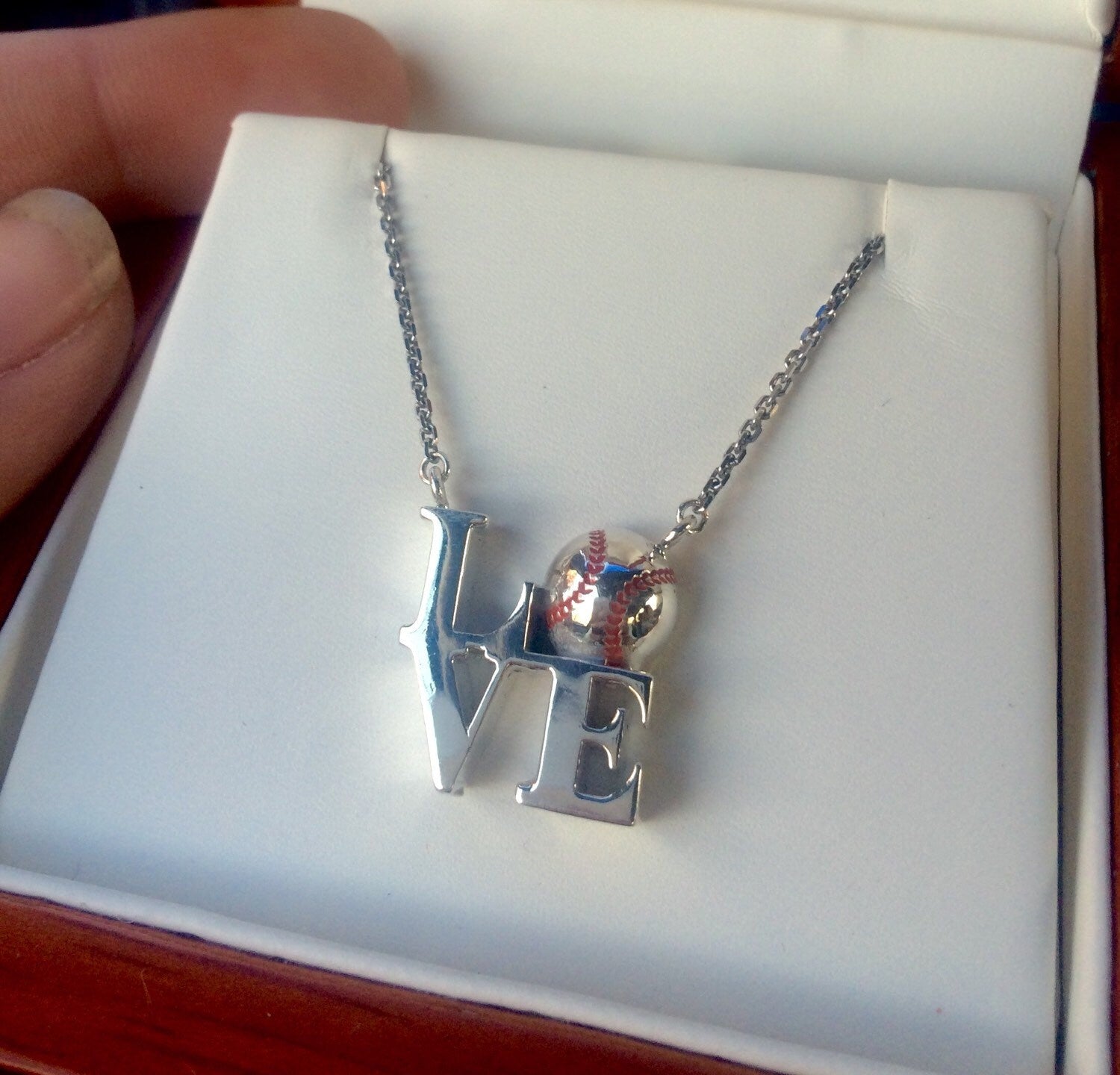 Sterling Silver Baseball 'LOVE' Necklace, Handmade 18" Chain