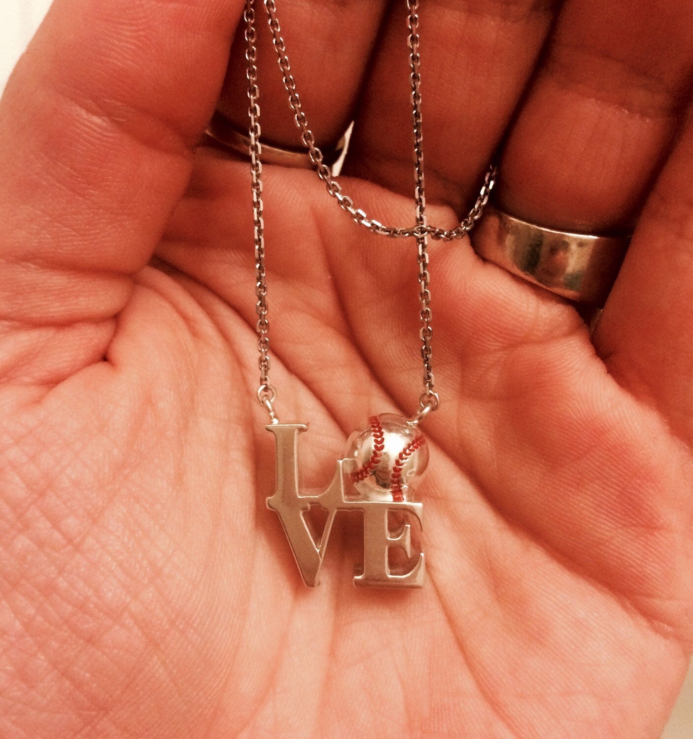Sterling Silver Baseball 'LOVE' Necklace, Handmade 18" Chain