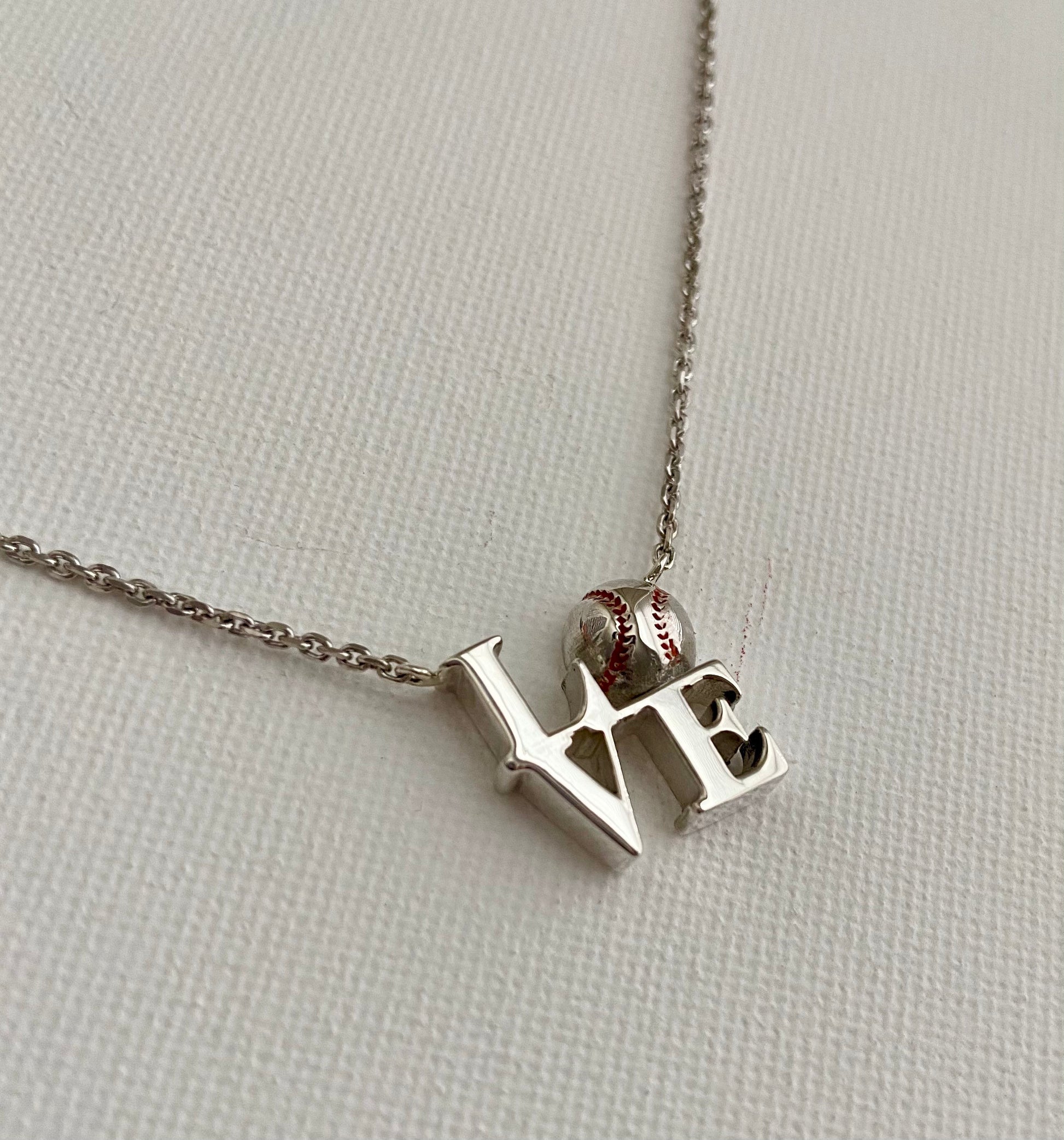 Sterling Silver Baseball 'LOVE' Necklace, Handmade 18" Chain
