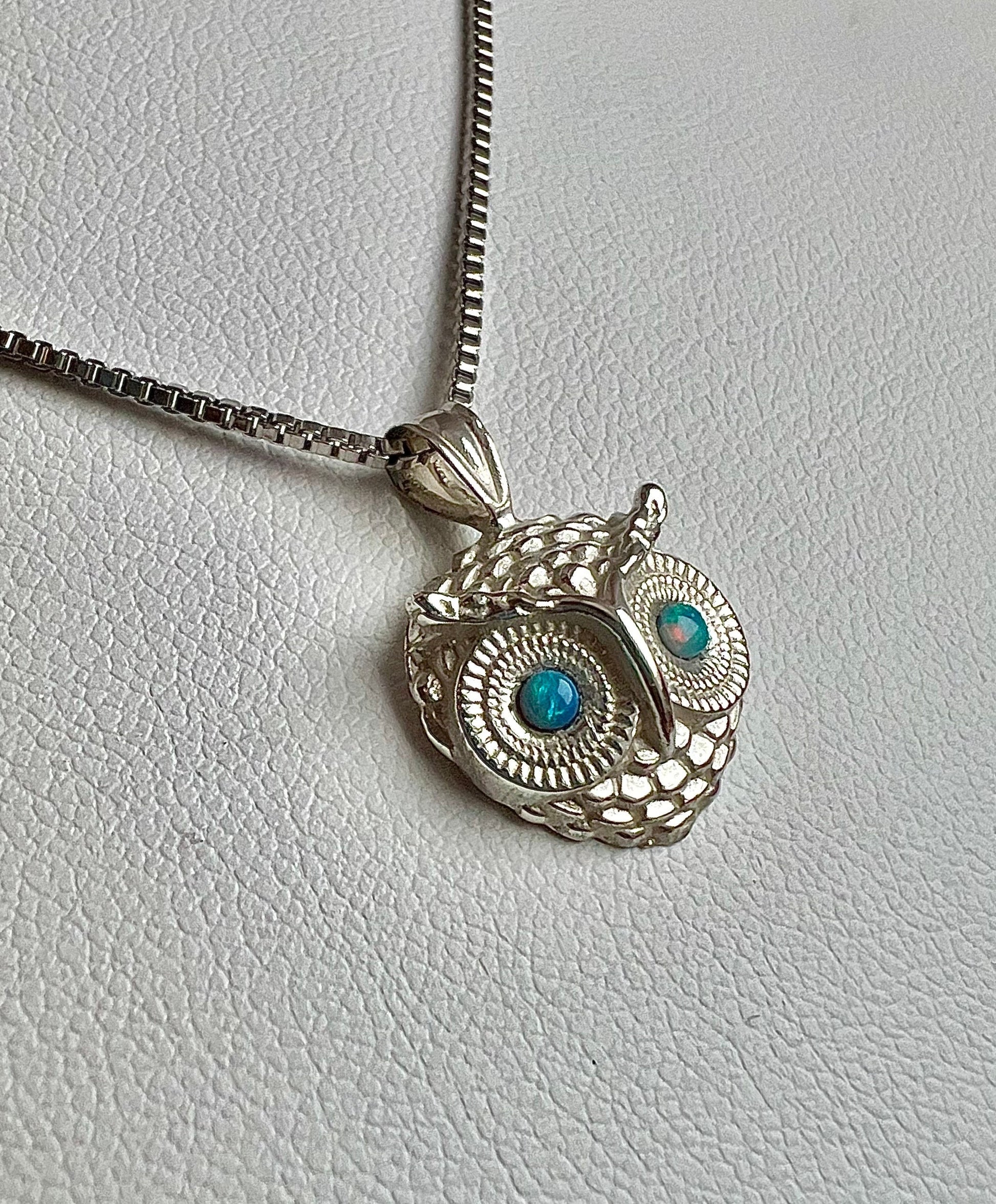 Sterling Silver Owl Pendant Necklace with Genuine Opal Eyes