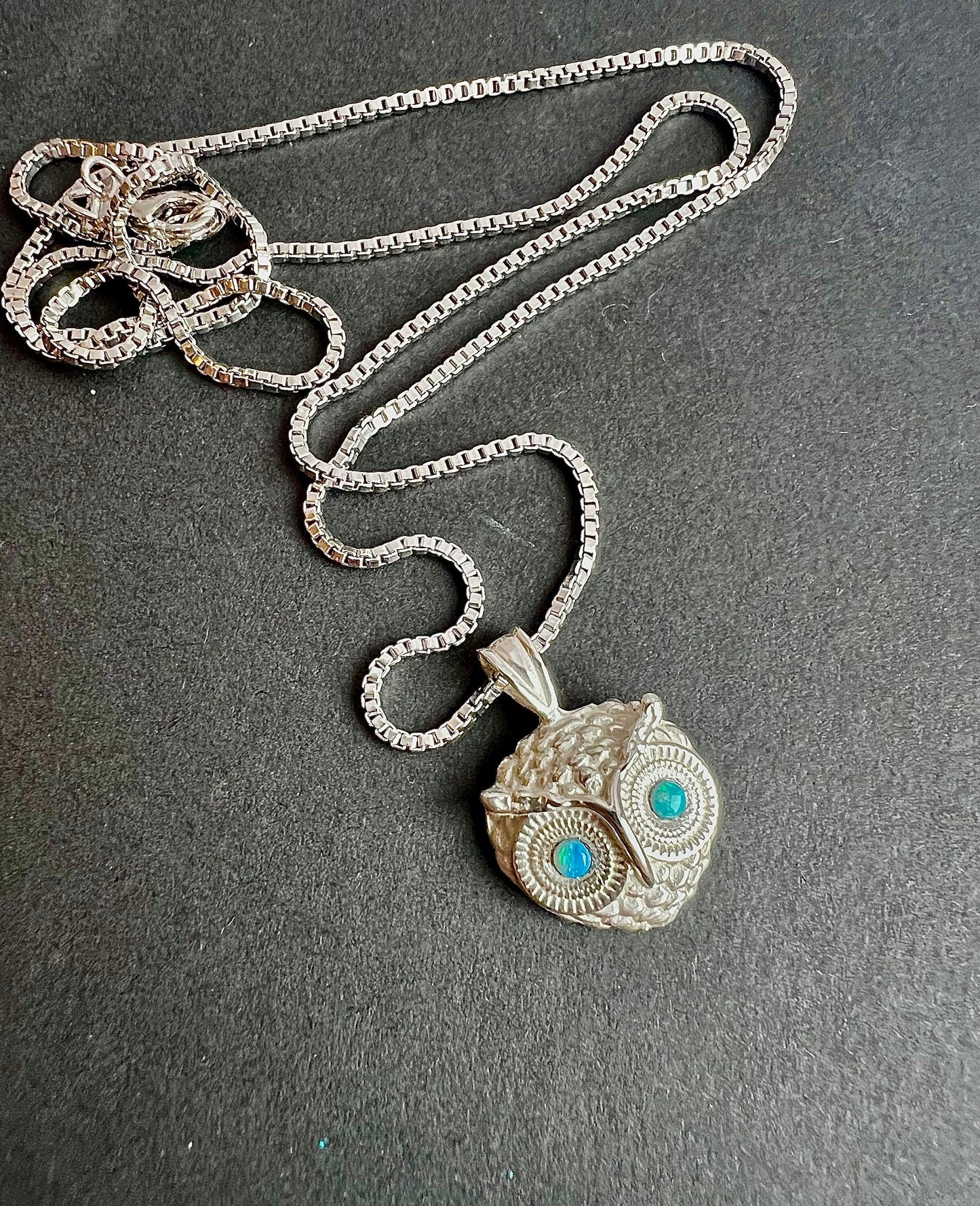 Sterling Silver Owl Pendant Necklace with Genuine Opal Eyes