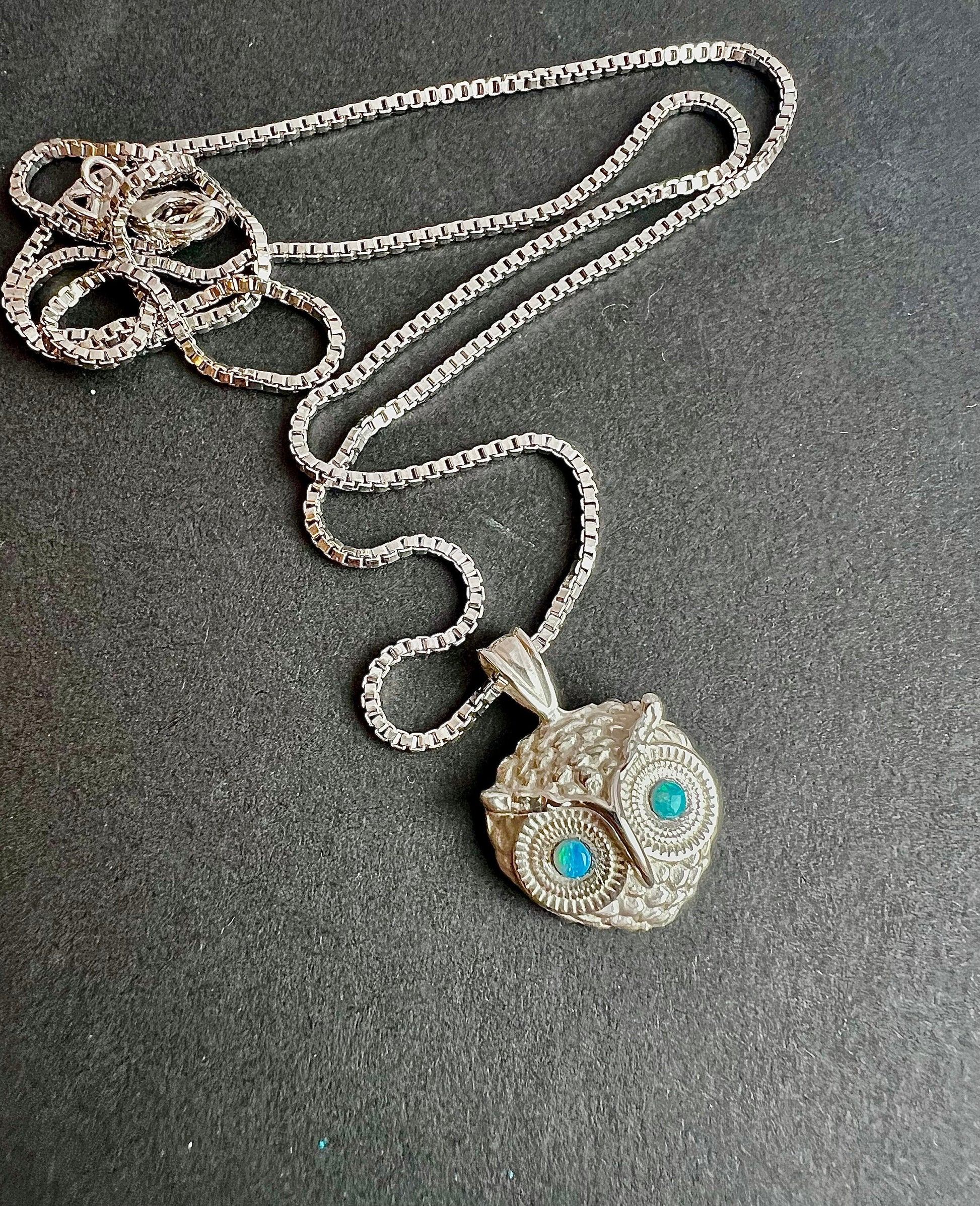 Sterling Silver Owl Pendant Necklace with Genuine Opal Eyes