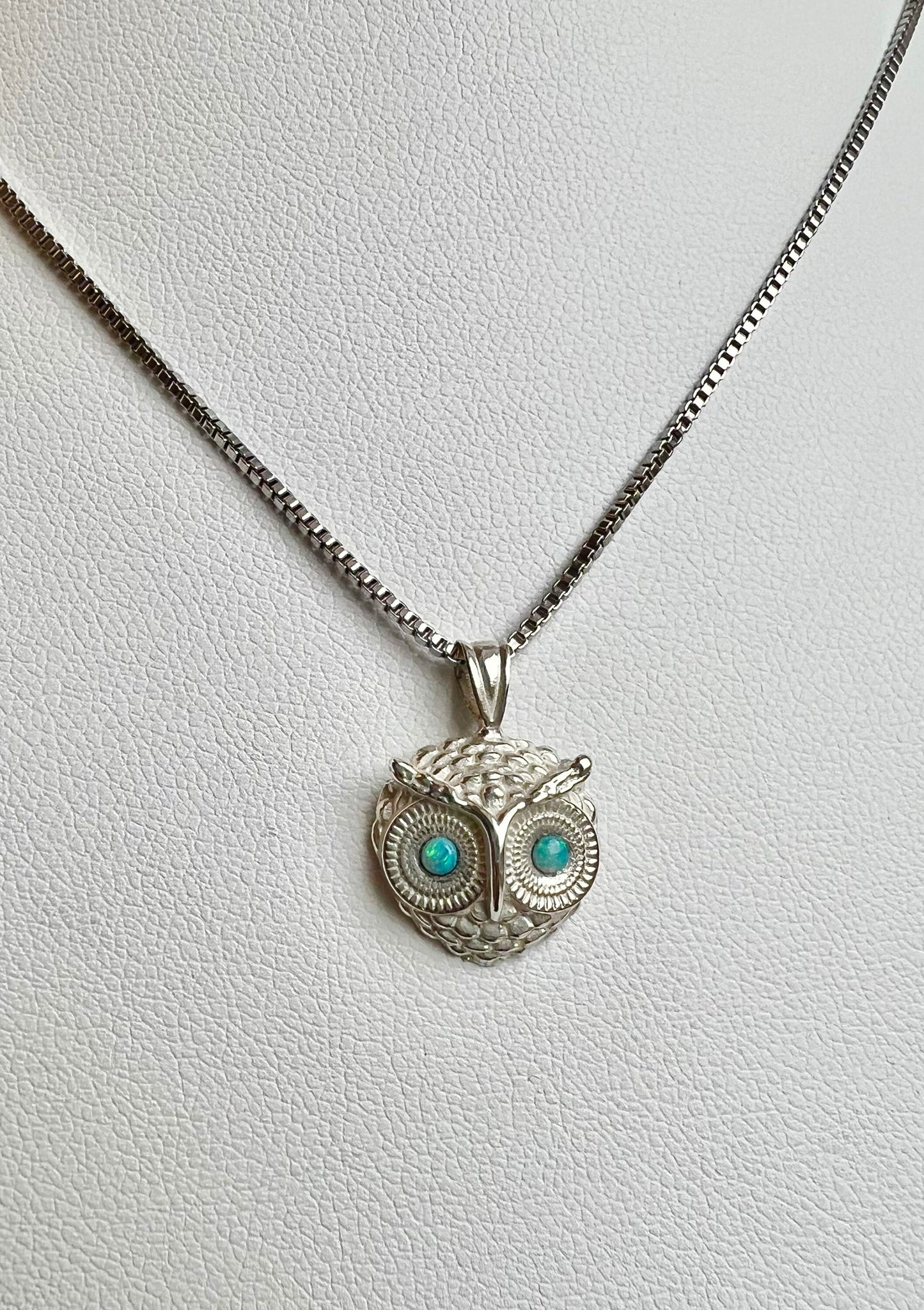 Sterling Silver Owl Pendant Necklace with Genuine Opal Eyes