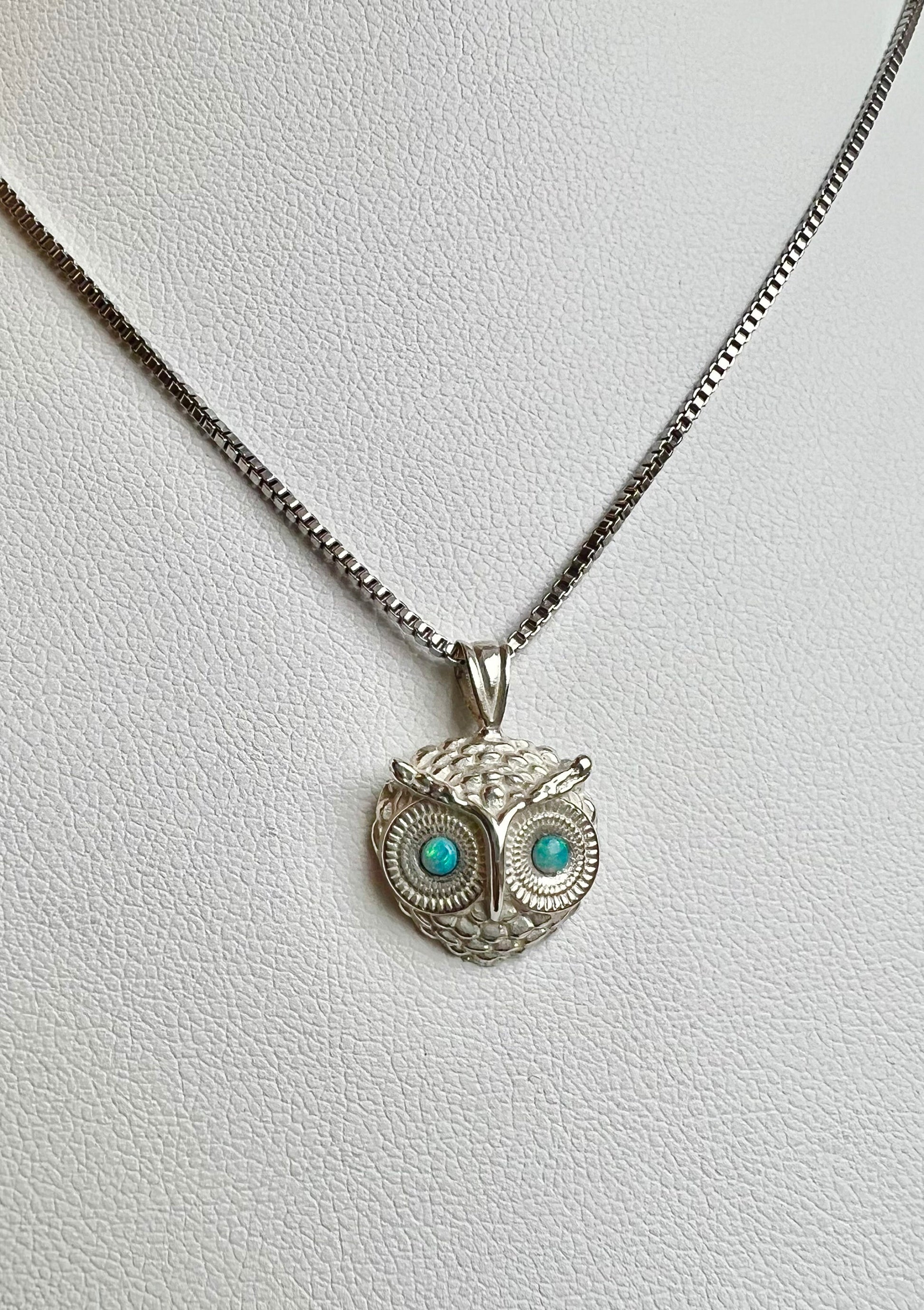 Sterling Silver Owl Pendant Necklace with Genuine Opal Eyes