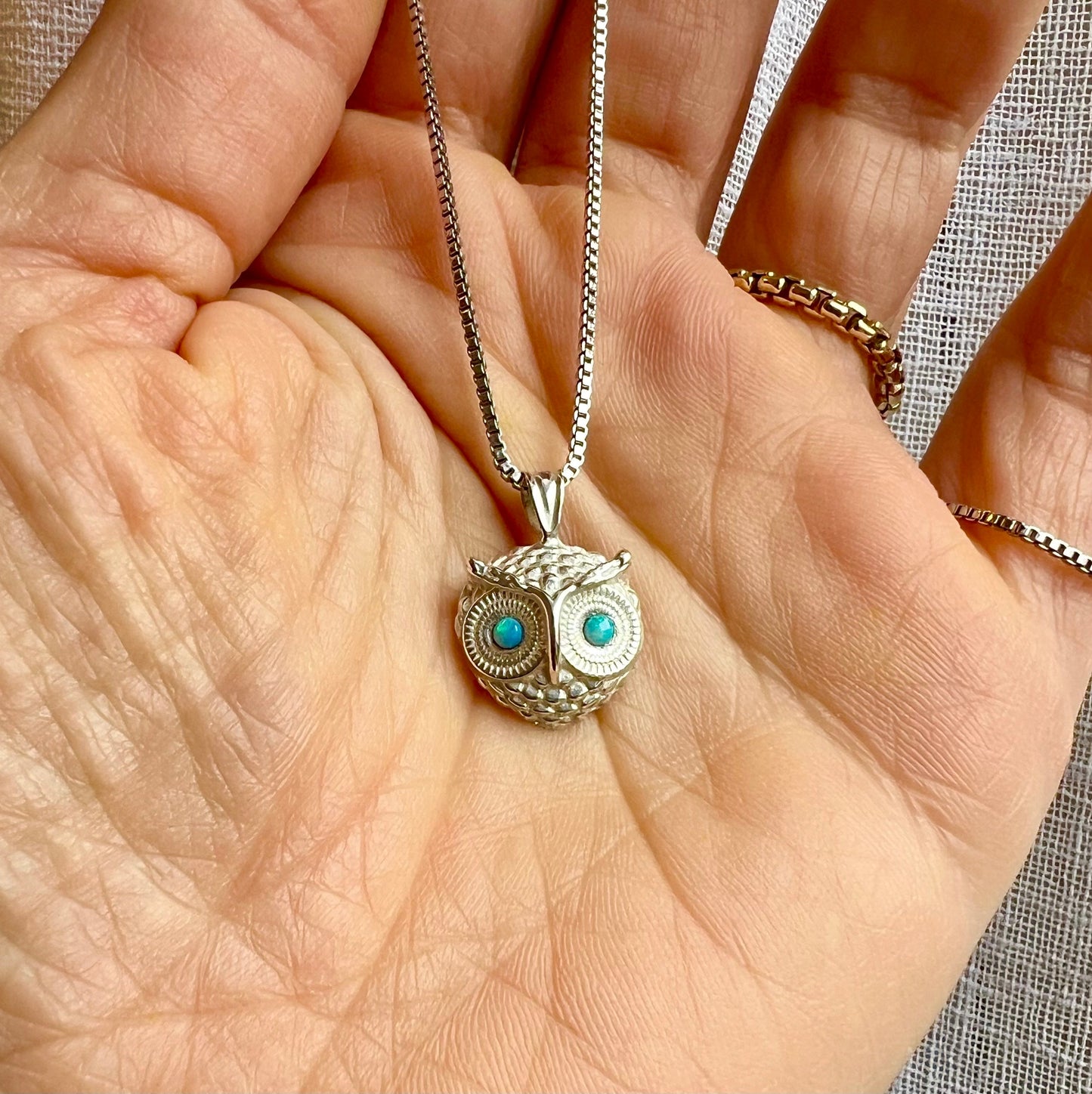 Sterling Silver Owl Pendant Necklace with Genuine Opal Eyes