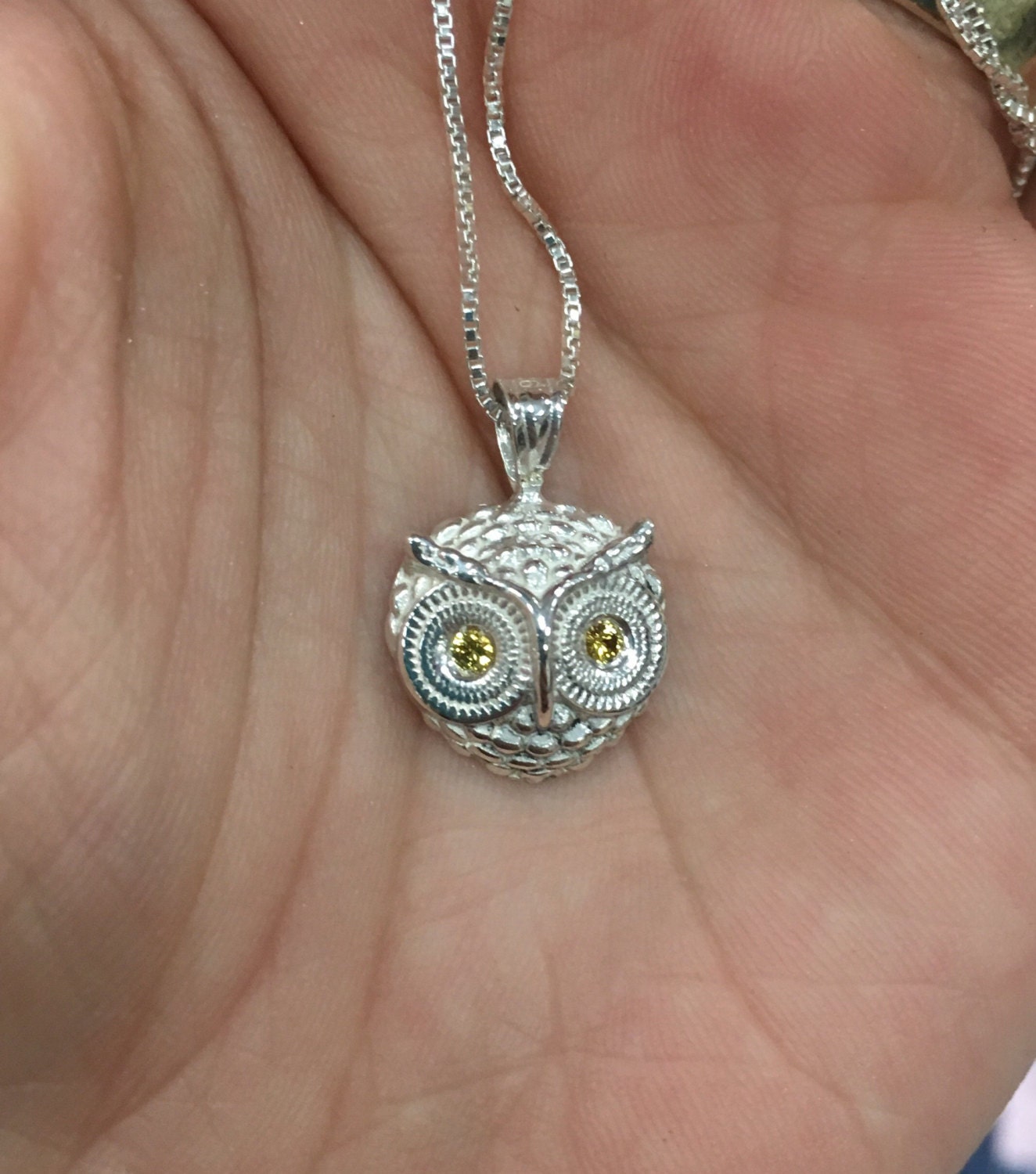 Sterling Silver Owl Pendant Necklace with Genuine Opal Eyes